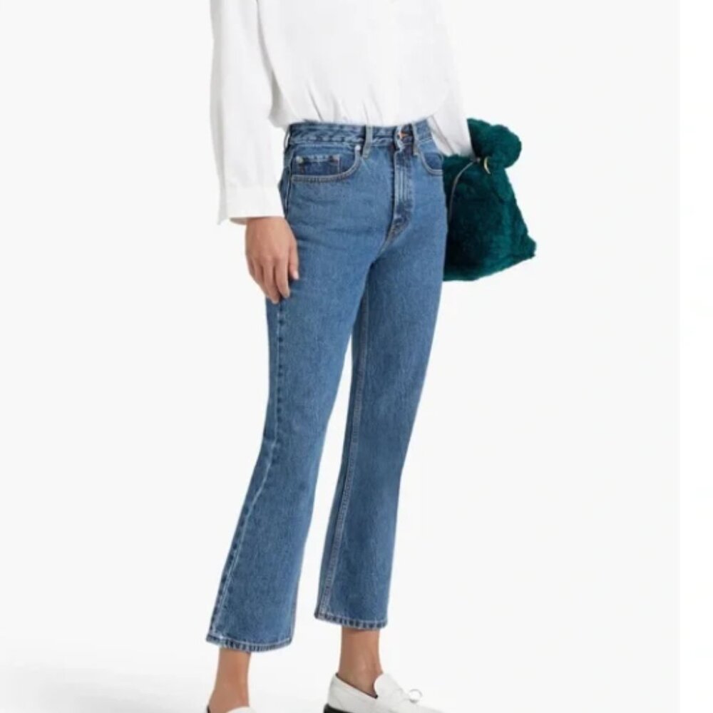 GANNI Betzy Cropped Organic Cotton Kick Flare Jeans Mid Blue Stone Size 32 NWT